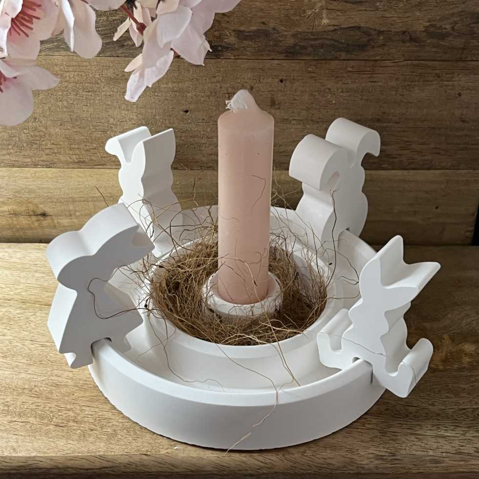 Keramikkunst aus Gießkeramik, handgefertigt in Solingen (Art.TS-0096-KERZENHALTER-RUNDSCHALE-HASEN-SET-DEKO)