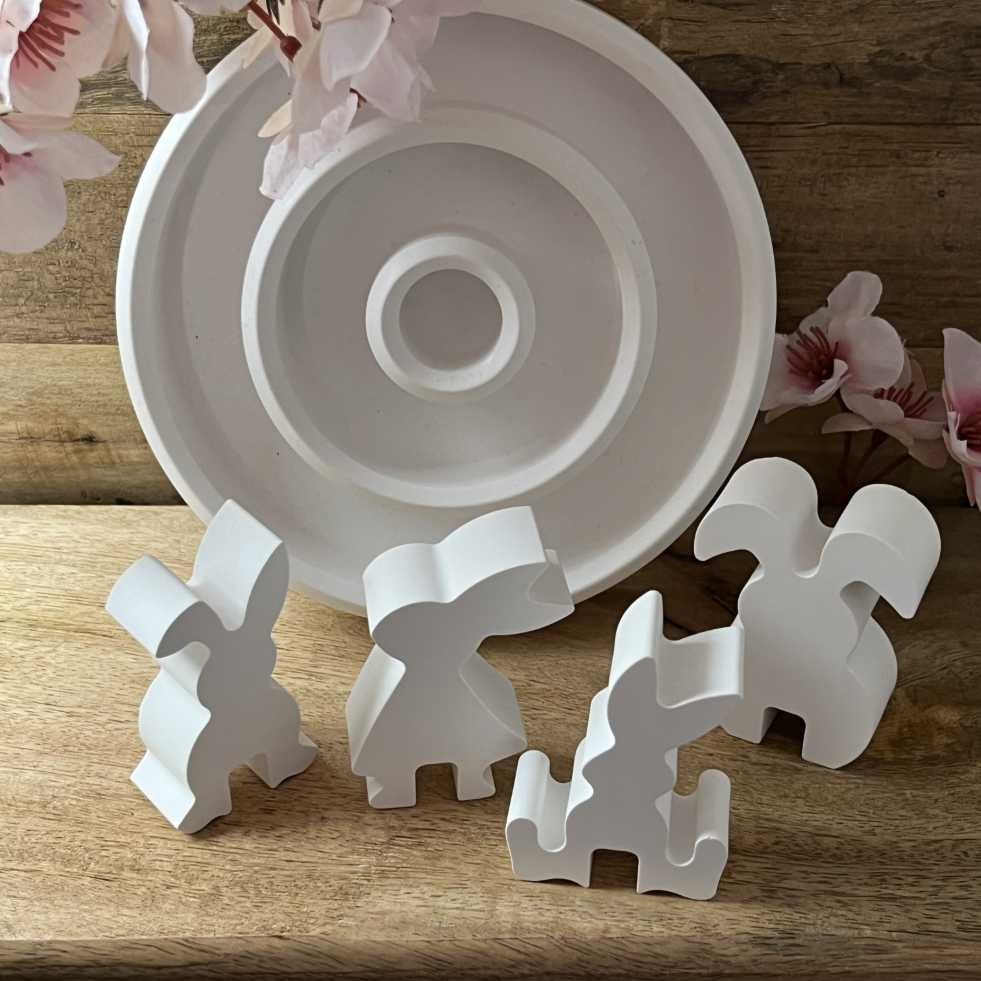 Keramikkunst aus Gießkeramik, handgefertigt in Solingen (Art.TS-0096-KERZENHALTER-RUNDSCHALE-HASEN-SET-SINGLE)